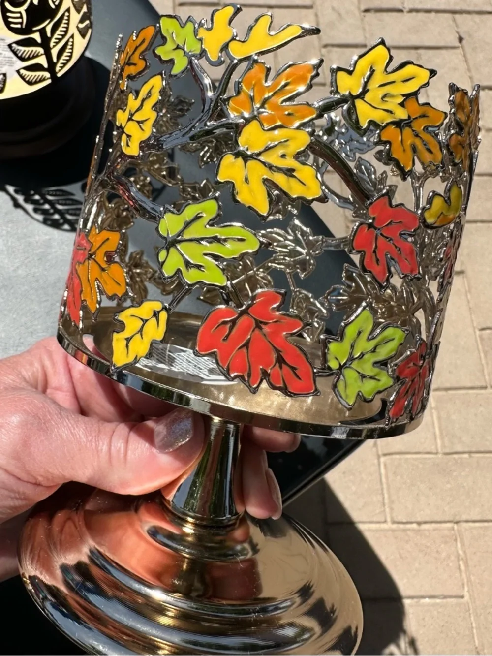 Decorative Metal Leaf Pedestal Candle Holder - Multicolor - Picture 3 of 4